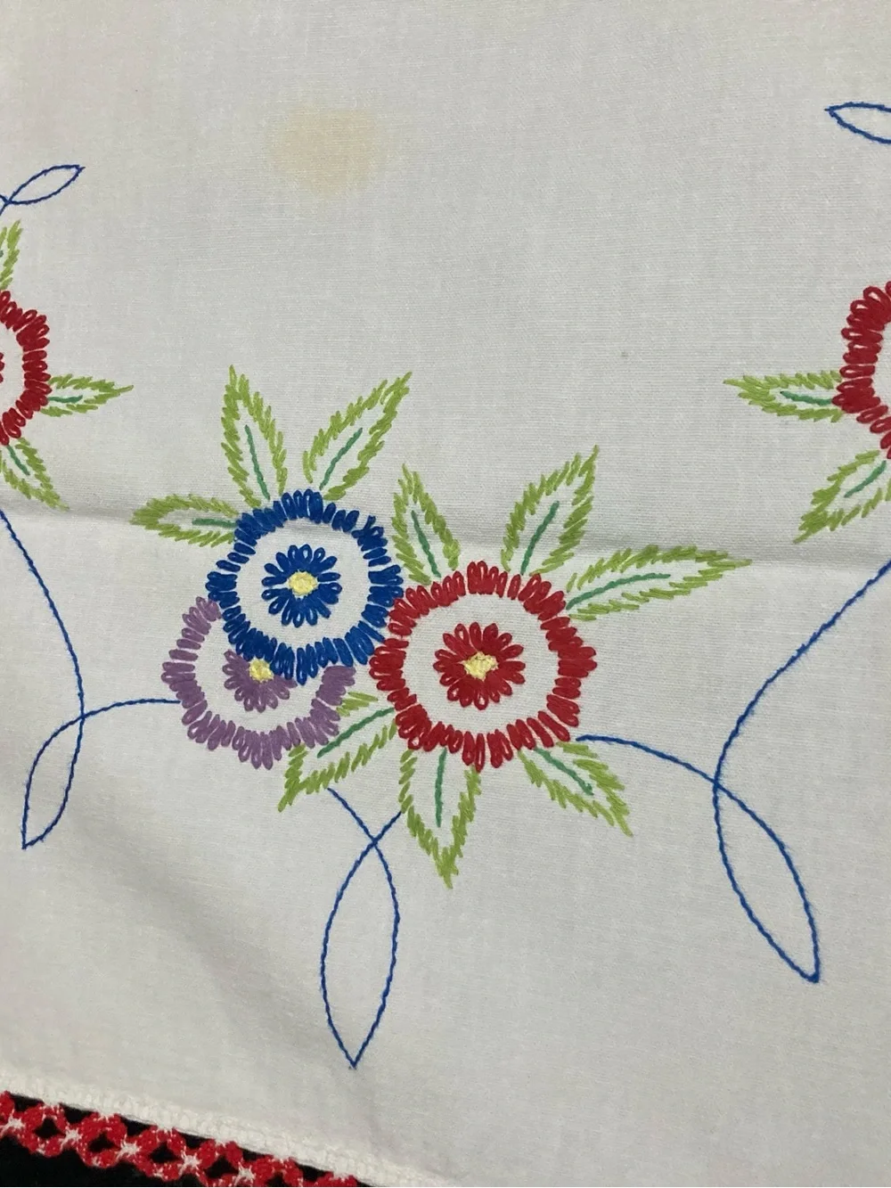 Vintage Embroidered Floral Table Runner - White with Red & Green Accents